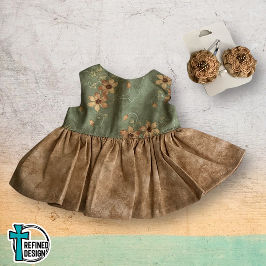 Sage and Brown Floral Doll Shirt and Hair Clips