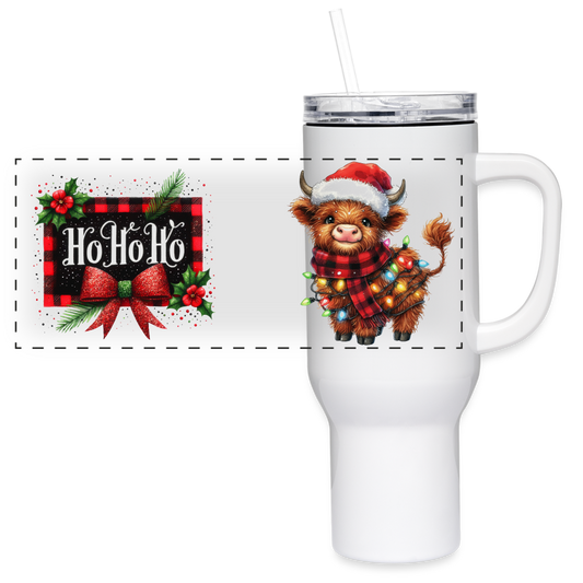 "Ho Ho Ho Christmas Highland Cow" 40 oz Travel Tumbler - white