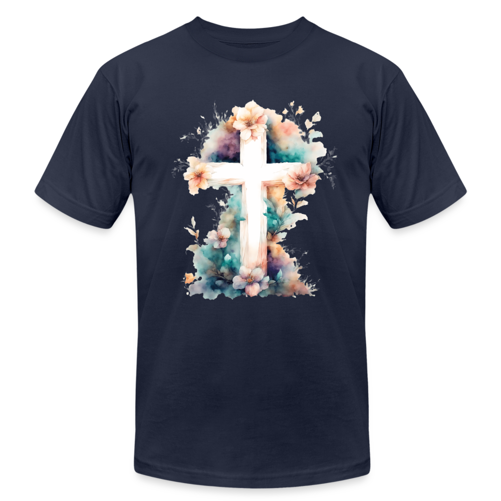 "Floral Watercolor Cross" Unisex Jersey T-Shirt by Bella + Canvas - navy