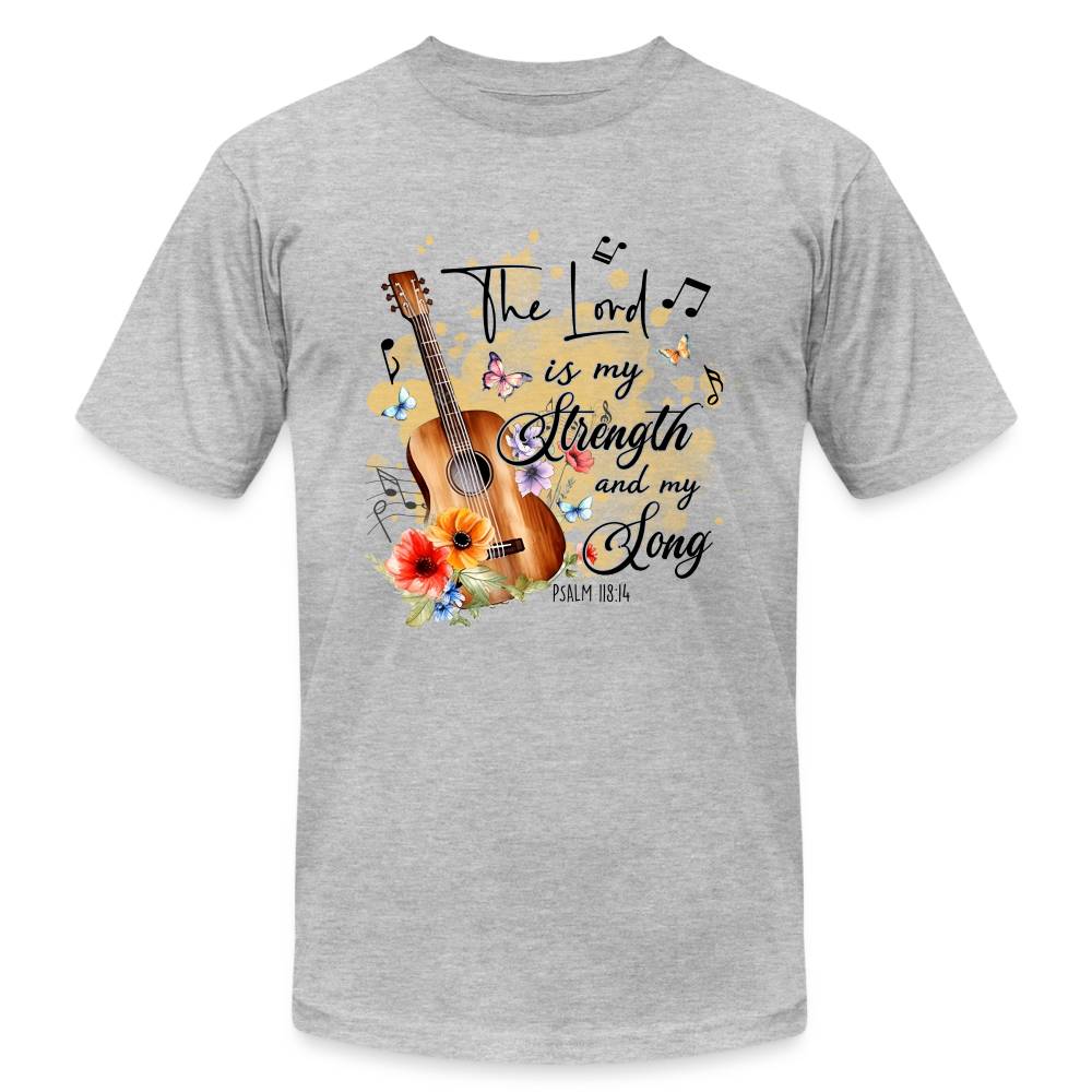 "The Lord is My Strength and My Song" Unisex Jersey T-Shirt by Bella + Canvas - heather gray