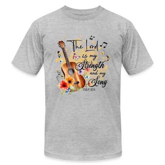 "The Lord is My Strength and My Song" Unisex Jersey T-Shirt by Bella + Canvas - heather gray