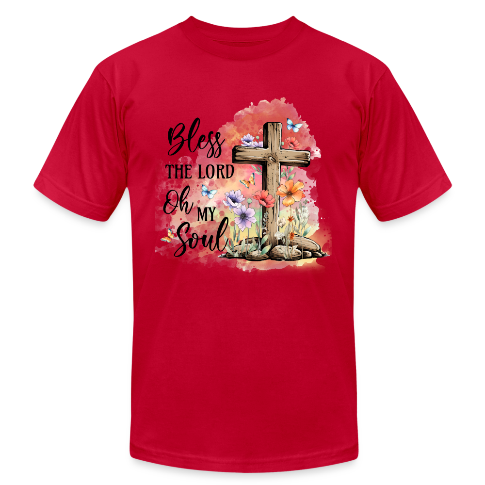 "Bless the Lord Oh My Soul" Unisex Jersey T-Shirt by Bella + Canvas - red