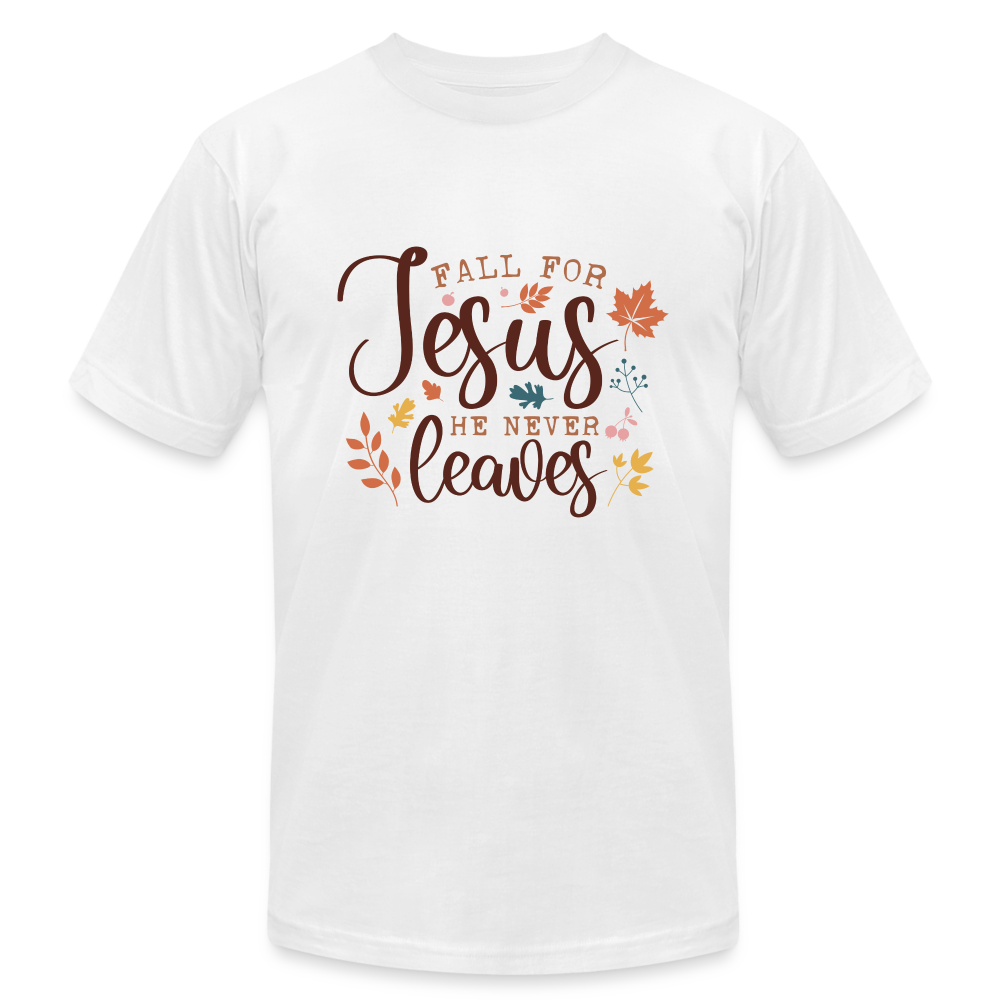 "Fall For Jesus He Never Leaves" Unisex Jersey T-Shirt by Bella + Canvas - white