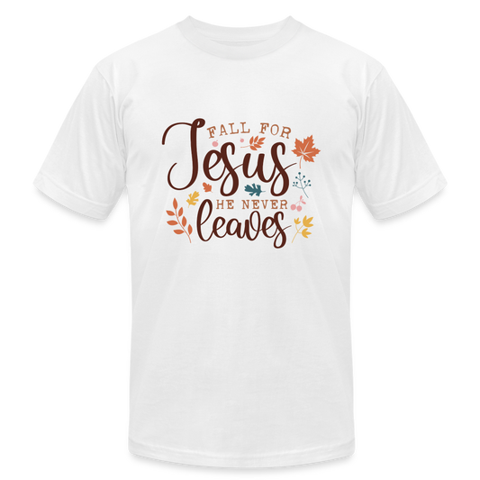 "Fall For Jesus He Never Leaves" Unisex Jersey T-Shirt by Bella + Canvas - white