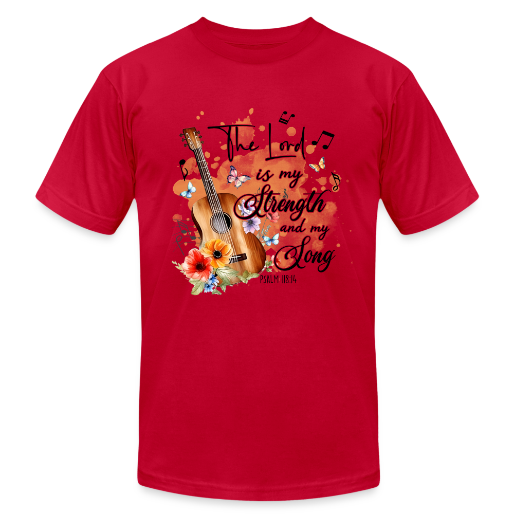 "The Lord is My Strength and My Song" Unisex Jersey T-Shirt by Bella + Canvas - red