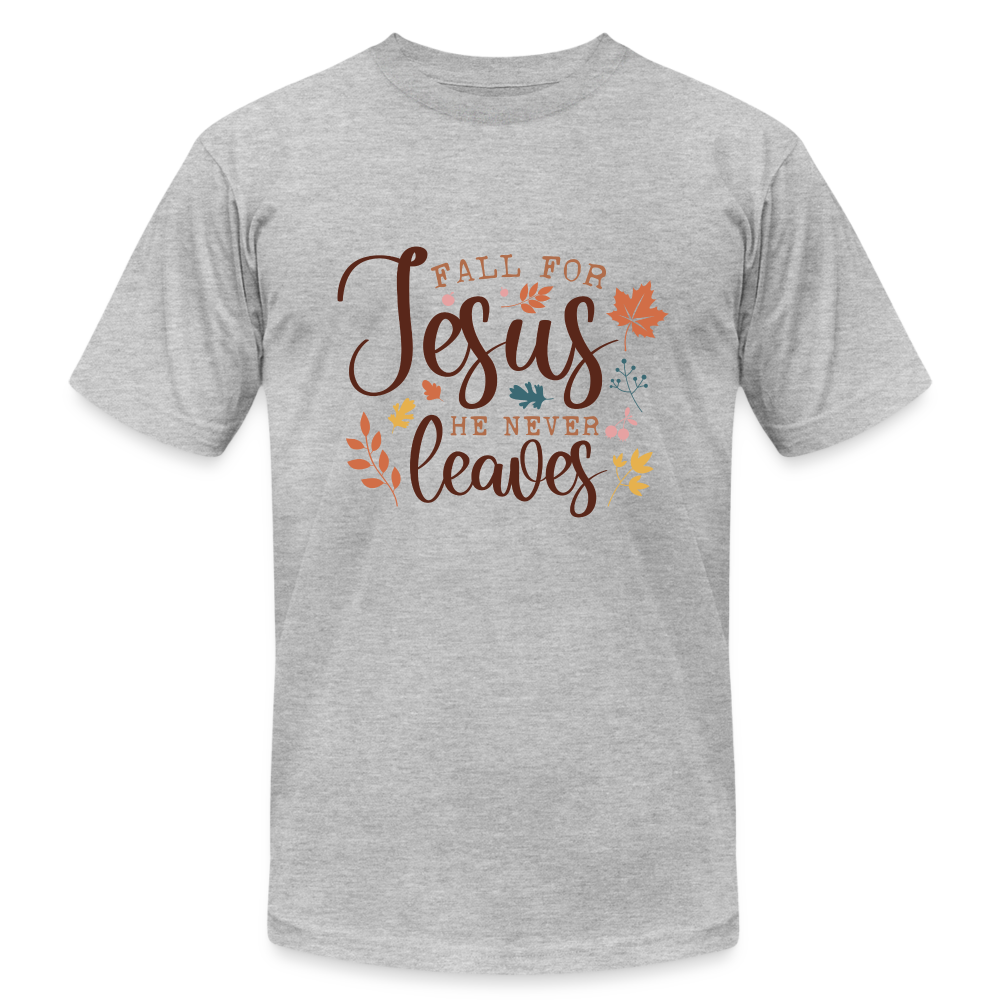 "Fall For Jesus He Never Leaves" Unisex Jersey T-Shirt by Bella + Canvas - heather gray