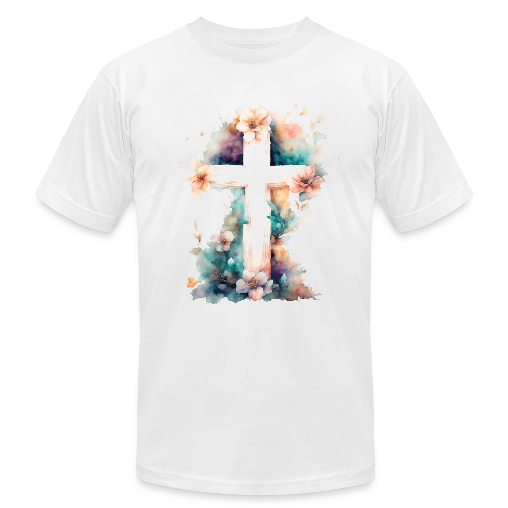 "Floral Watercolor Cross" Unisex Jersey T-Shirt by Bella + Canvas - white