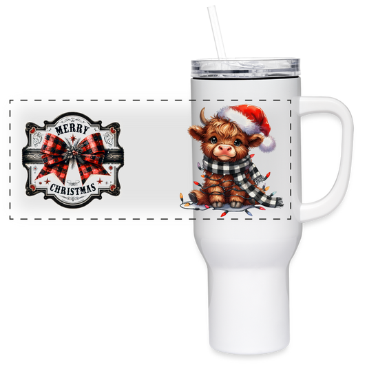 "Plaid Christmas Highland Cow" 40 oz Travel Tumbler - white