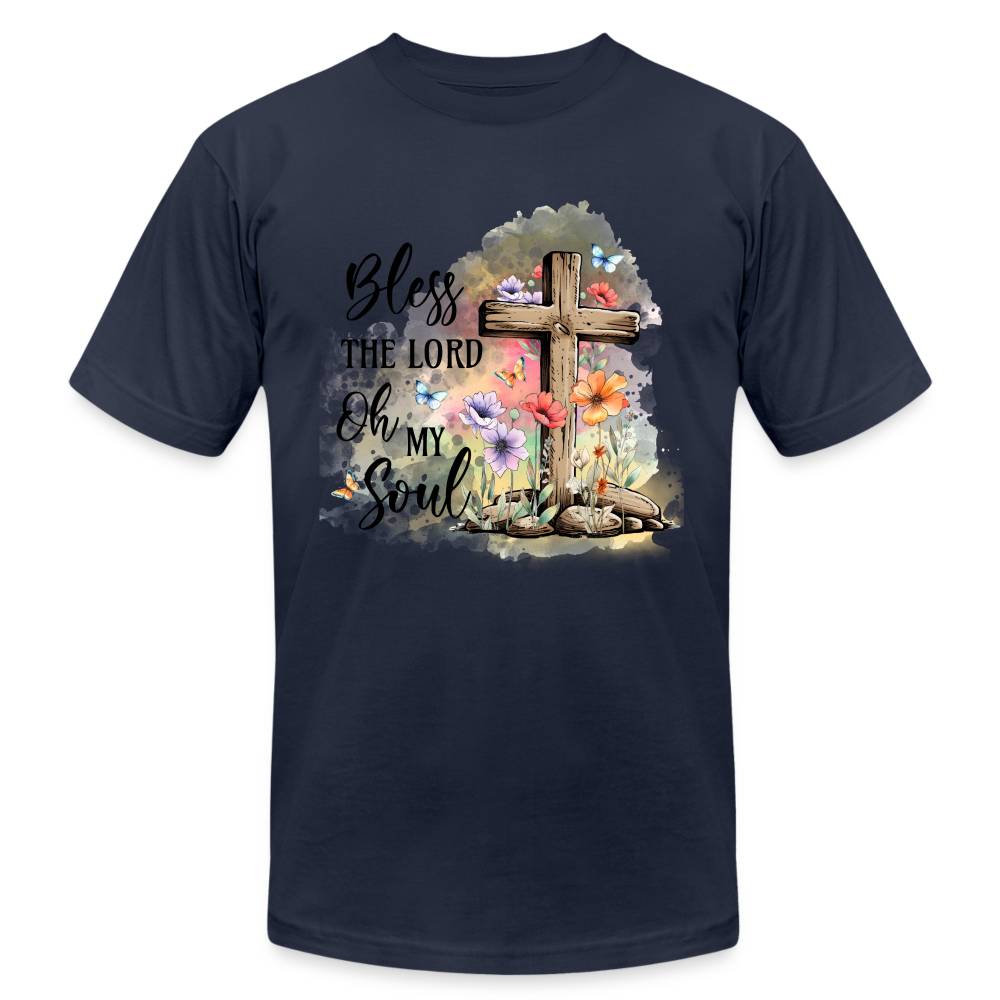 "Bless the Lord Oh My Soul" Unisex Jersey T-Shirt by Bella + Canvas - navy