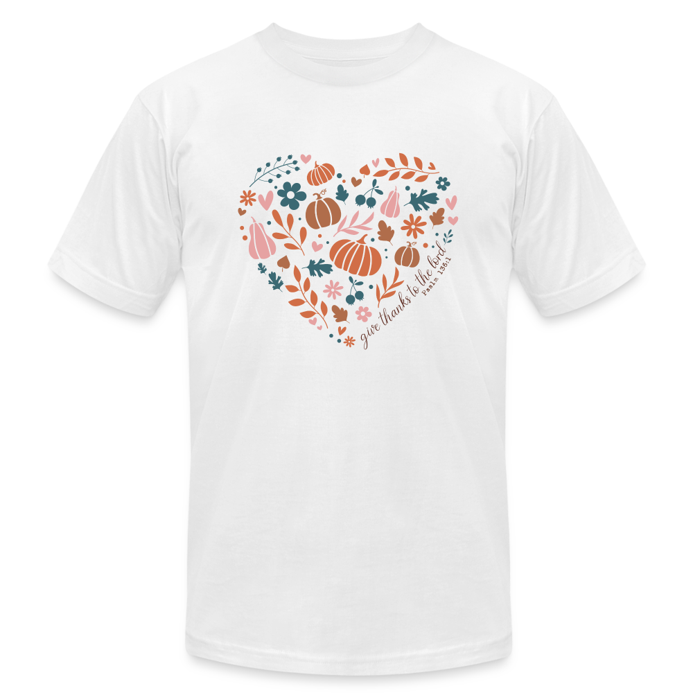 "Give Thanks Fall Heart" Unisex Jersey T-Shirt by Bella + Canvas - white