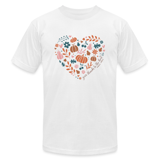 "Give Thanks Fall Heart" Unisex Jersey T-Shirt by Bella + Canvas - white