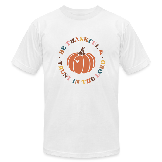 "Trust in the Lord Pumpkin" Unisex Jersey T-Shirt by Bella + Canvas - white