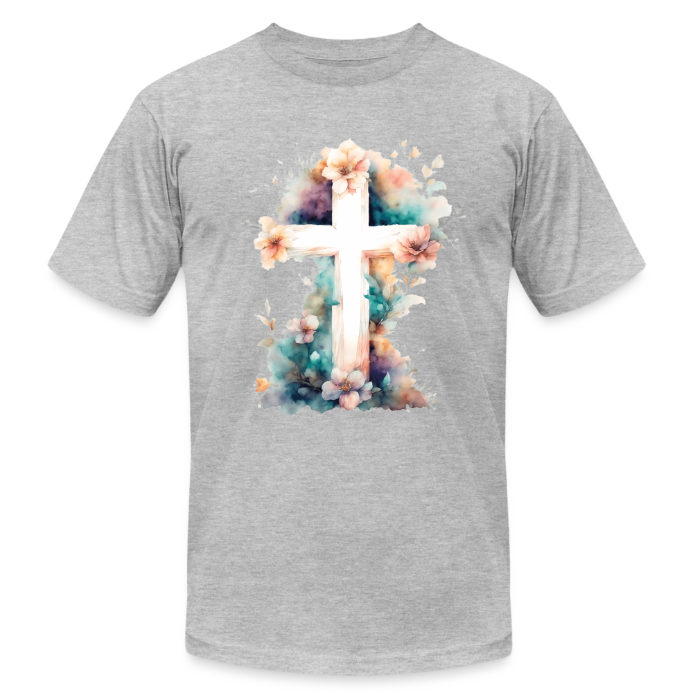 "Floral Watercolor Cross" Unisex Jersey T-Shirt by Bella + Canvas - heather gray