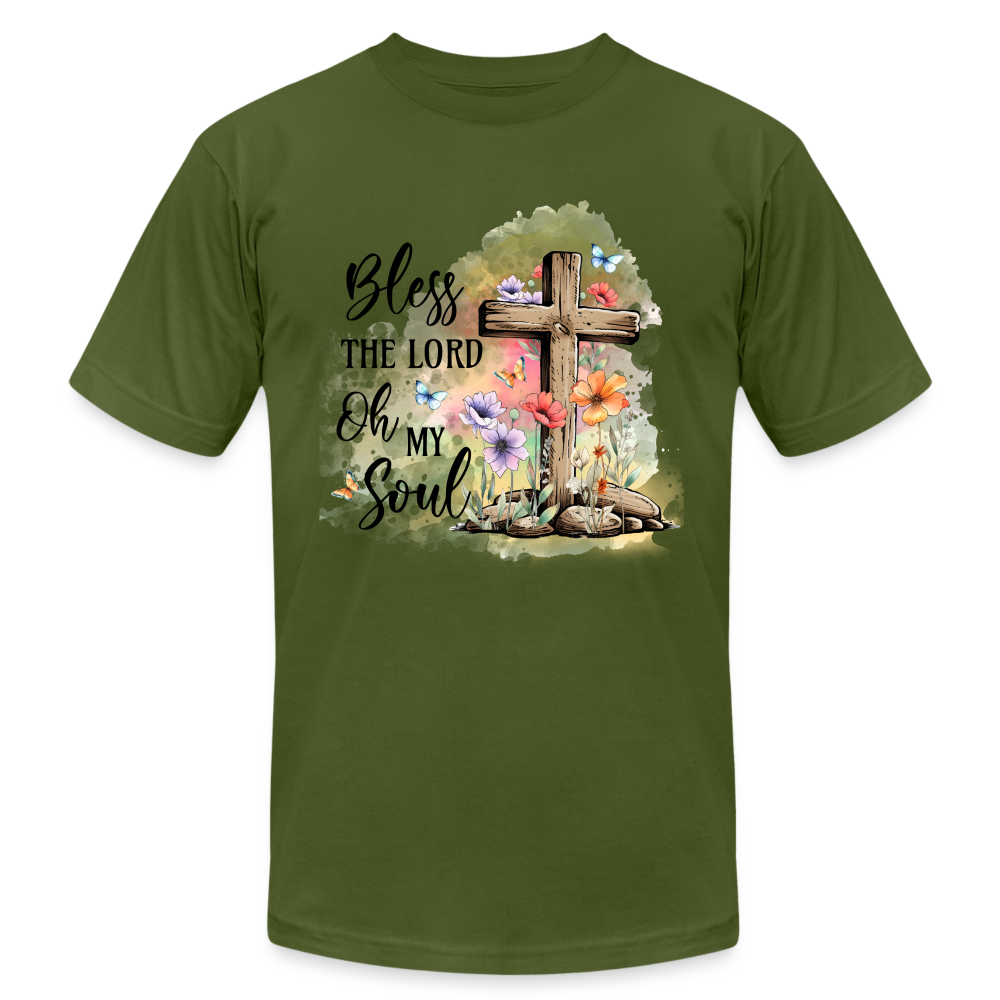 "Bless the Lord Oh My Soul" Unisex Jersey T-Shirt by Bella + Canvas - olive