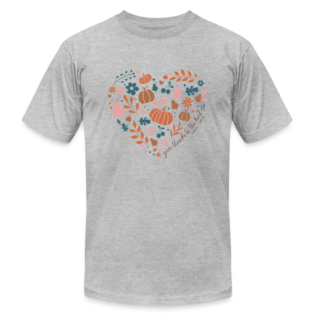 "Give Thanks Fall Heart" Unisex Jersey T-Shirt by Bella + Canvas - heather gray