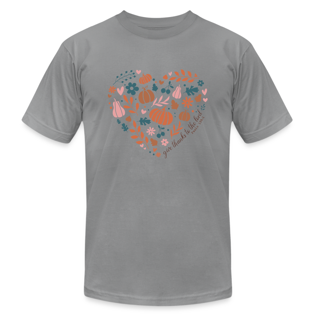 "Give Thanks Fall Heart" Unisex Jersey T-Shirt by Bella + Canvas - slate