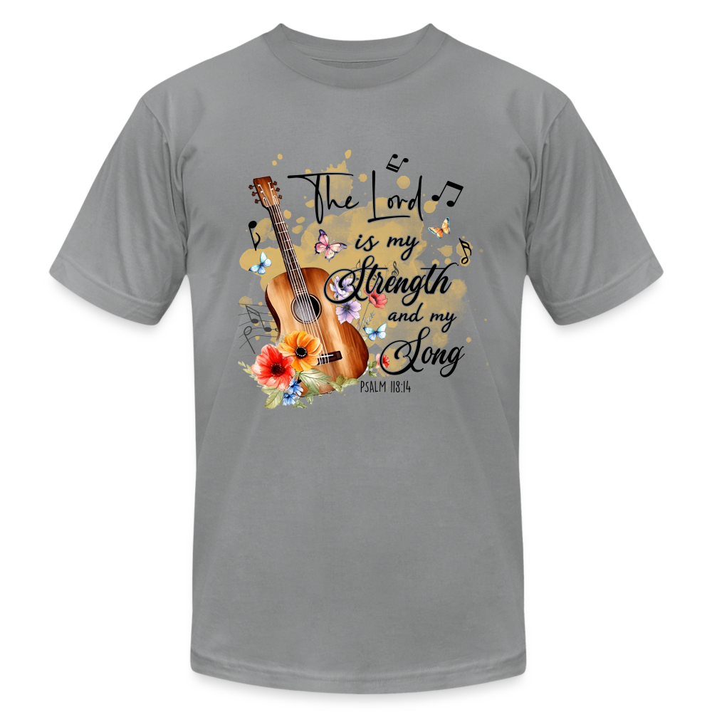 "The Lord is My Strength and My Song" Unisex Jersey T-Shirt by Bella + Canvas - slate