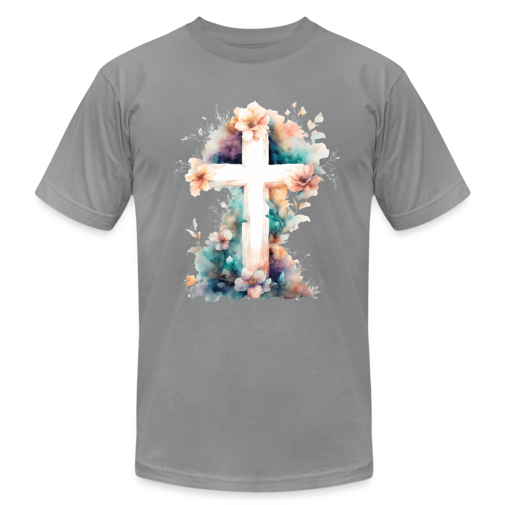 "Floral Watercolor Cross" Unisex Jersey T-Shirt by Bella + Canvas - slate