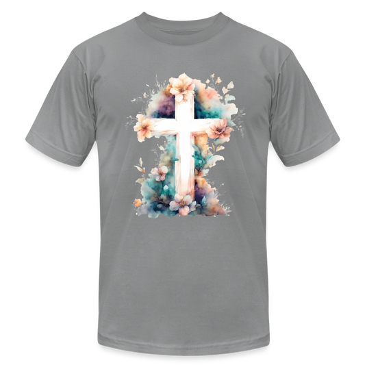 "Floral Watercolor Cross" Unisex Jersey T-Shirt by Bella + Canvas - slate