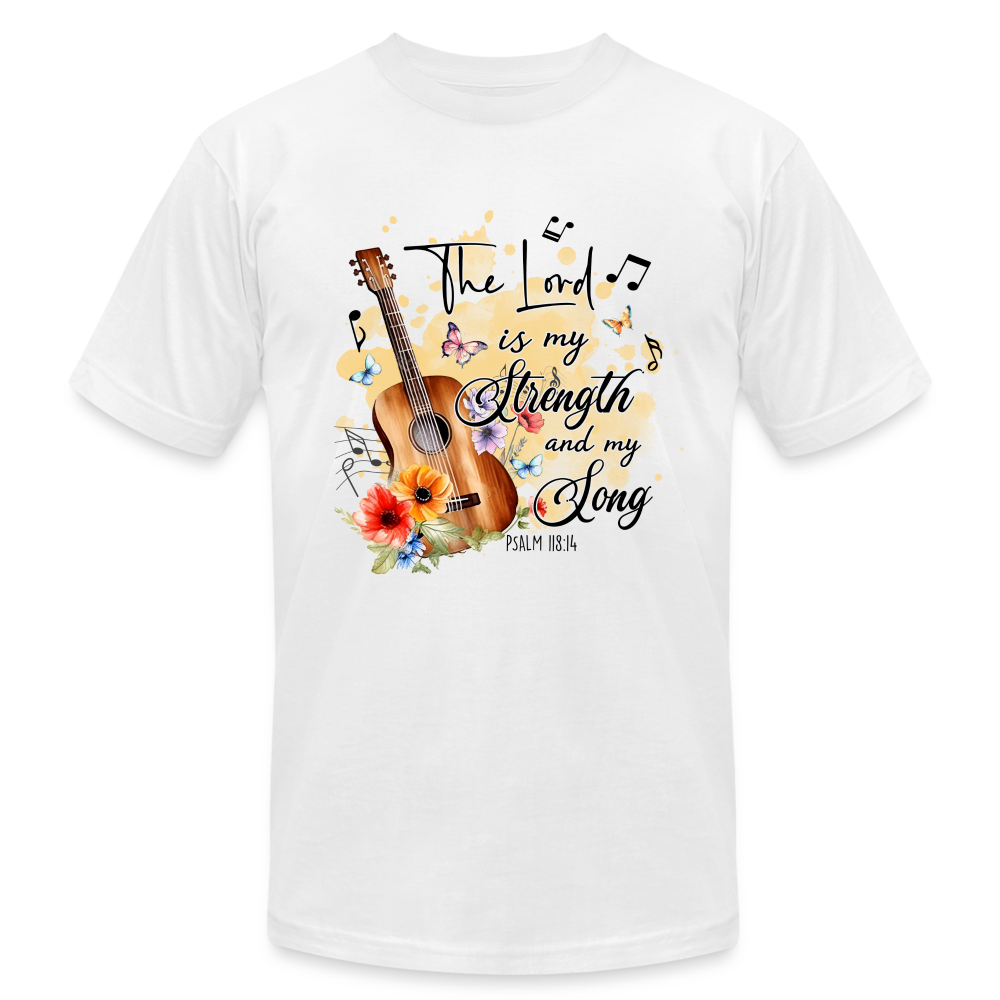 "The Lord is My Strength and My Song" Unisex Jersey T-Shirt by Bella + Canvas - white