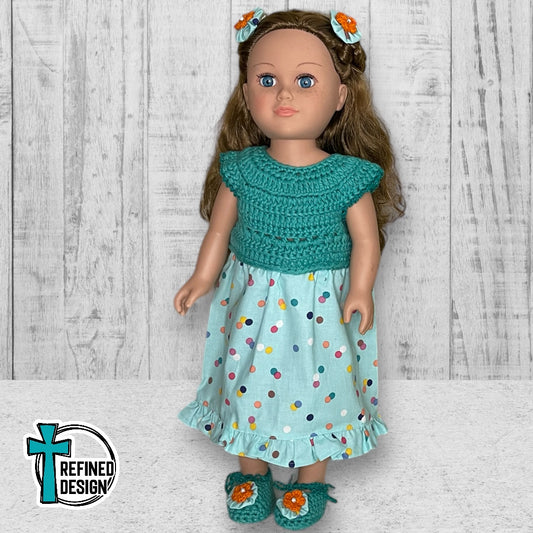 "Teal and Orange Polka Dots" 18" Doll Dress and Accessories