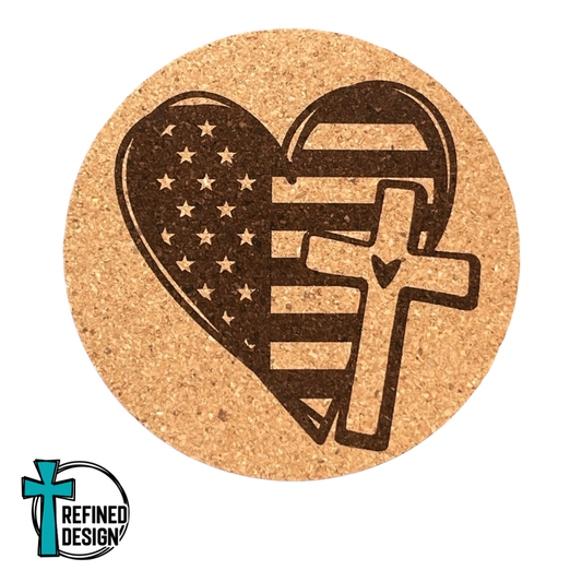 "Heart Flag and Cross" Cork Coaster