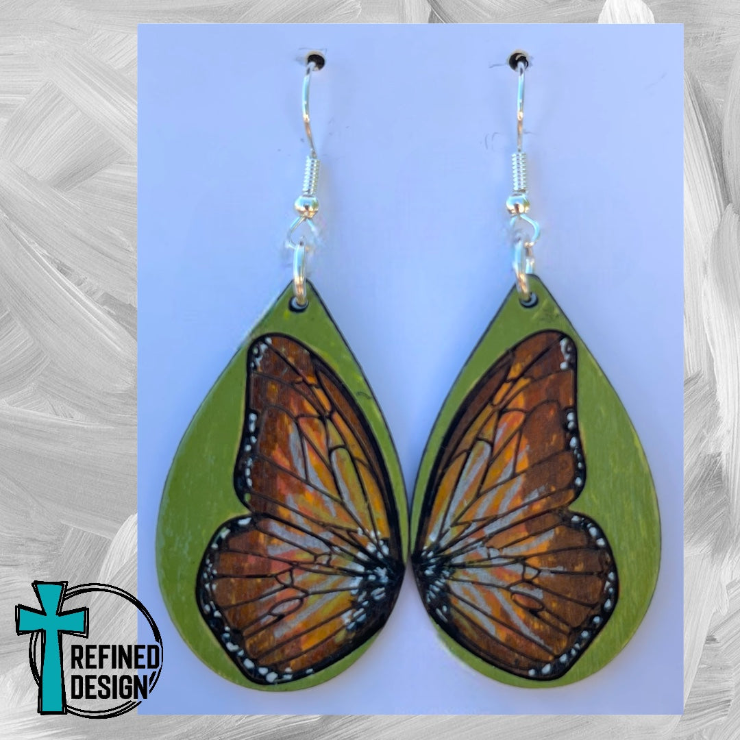 Lime Green & Browns Butterfly Earrings