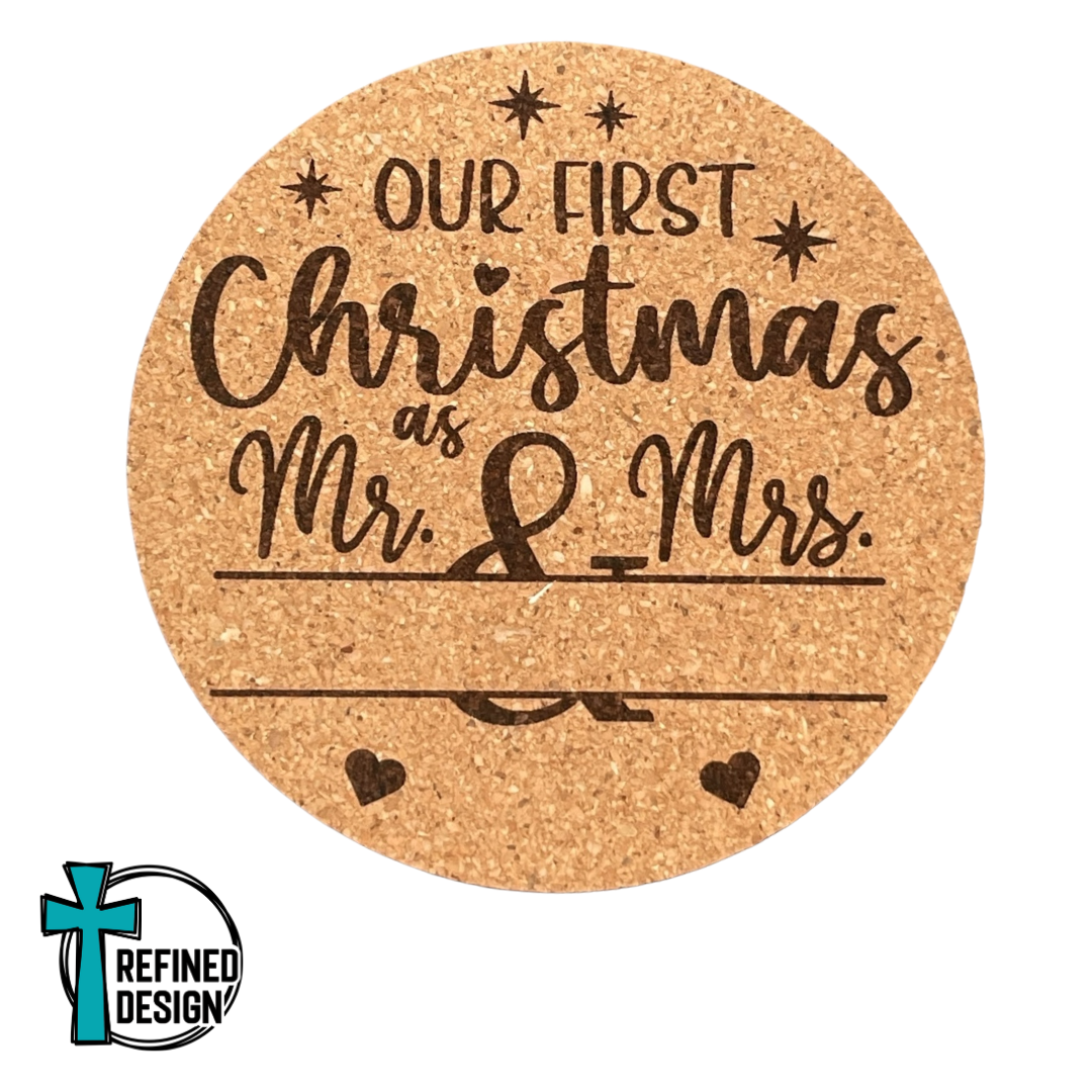 "Personalized First Christmas As Mr. & Mrs." Cork Coaster