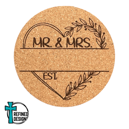 "Personalized Mr. & Mrs. Floral Heart Split 01" Cork Coaster