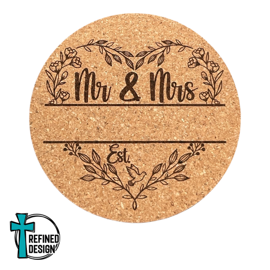 "Personalized Mr. & Mrs. Floral Heart Split 02" Cork Coaster