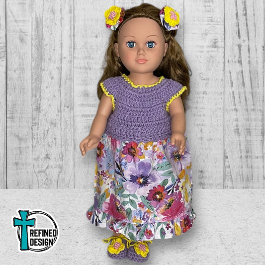 “Purple and Yellow Floral" 18" Doll Dress and Accessories