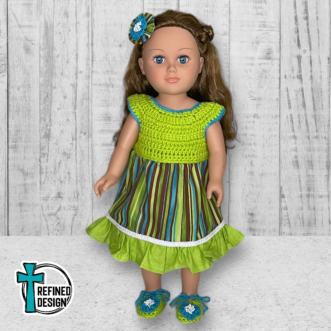 “Teal and Lime Stripes" 18" Doll Dress and Accessories