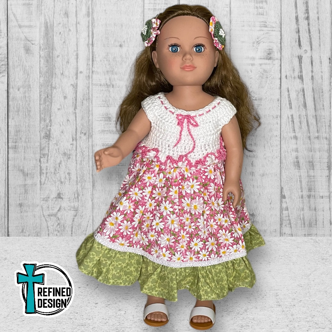 “Pink and Green Daisies” 18" Doll Dress and Accessories