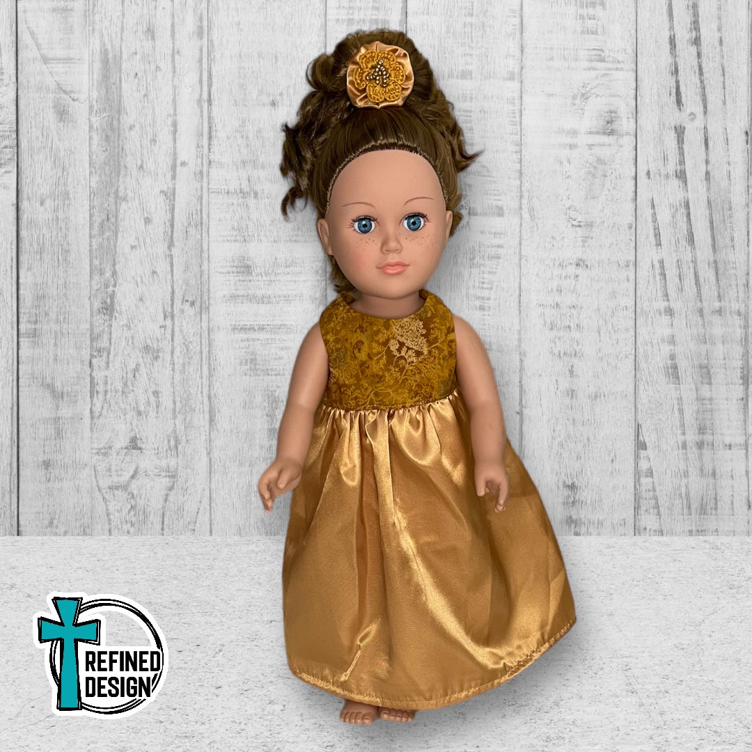 “Gold Satin” 18" Doll Dress and Accessories