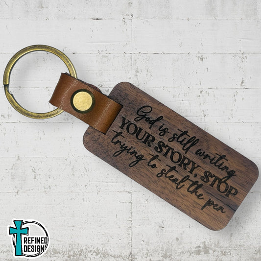 “Stop Stealing the Pen” Wood and Leather Keychain