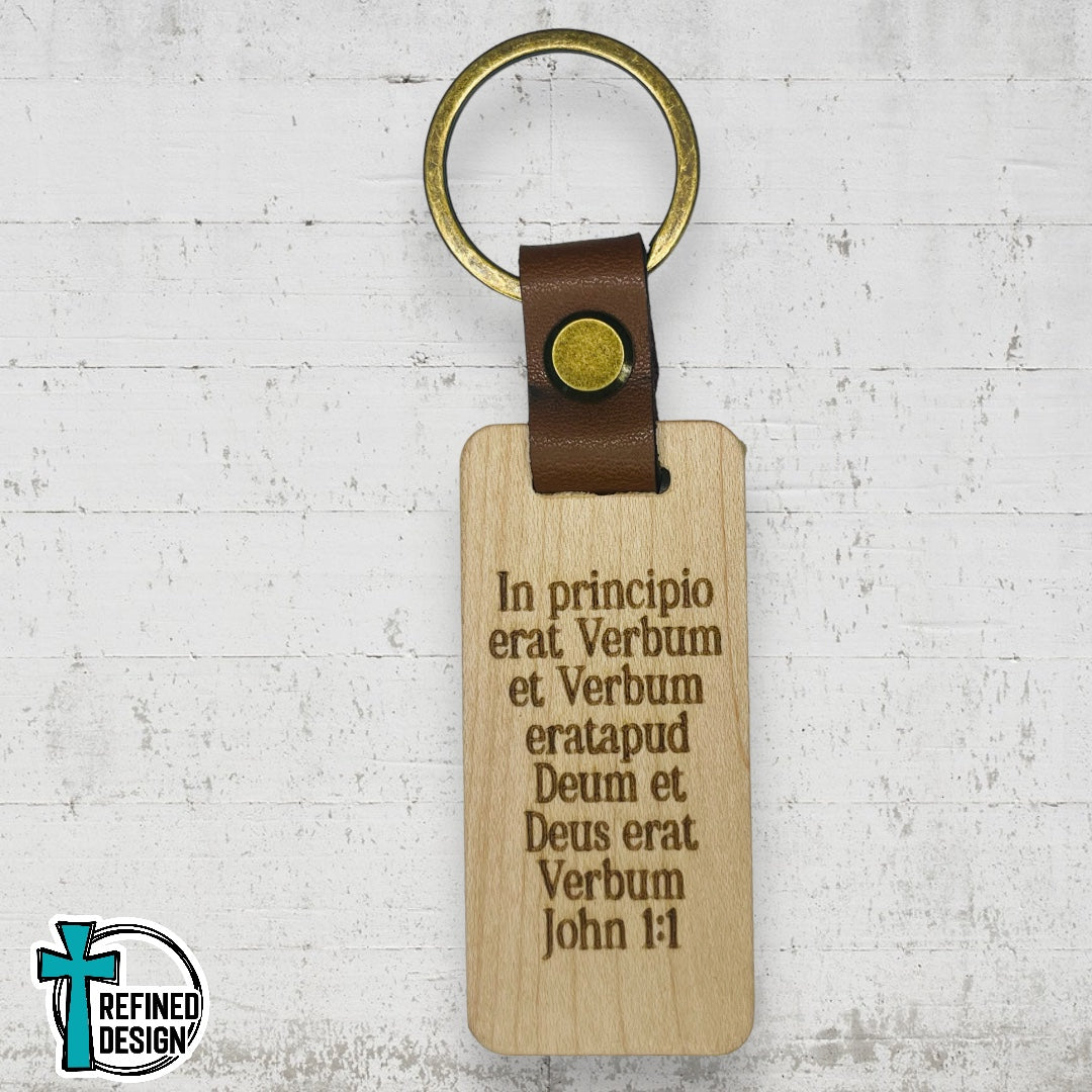 “John 1:1 Latin” Wood and Leather Keychain