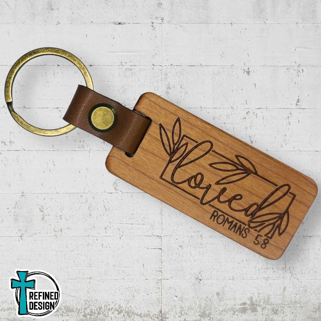 “Loved Leaf Border Rectangle” Wood and Leather Keychain