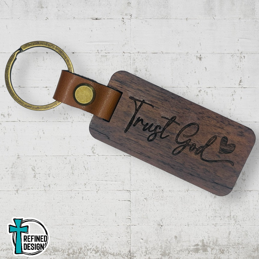 “Trust God” Wood and Leather Keychain