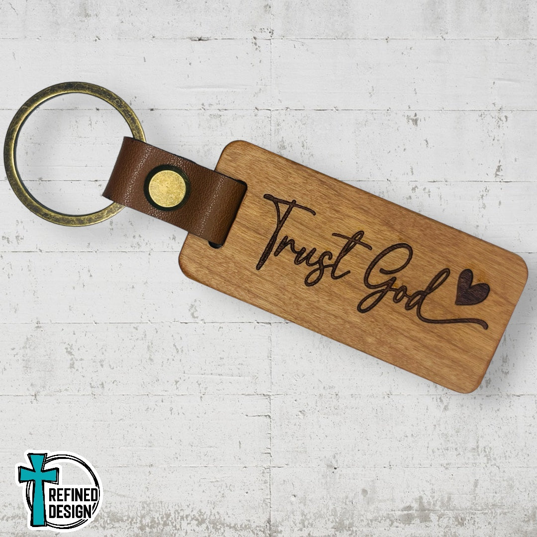 “Trust God” Wood and Leather Keychain