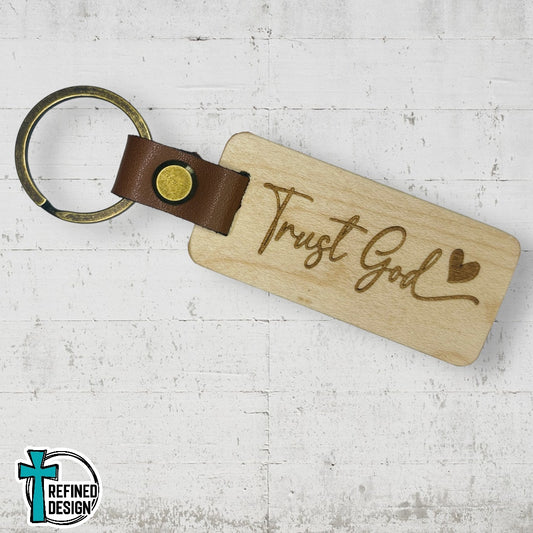 “Trust God” Wood and Leather Keychain