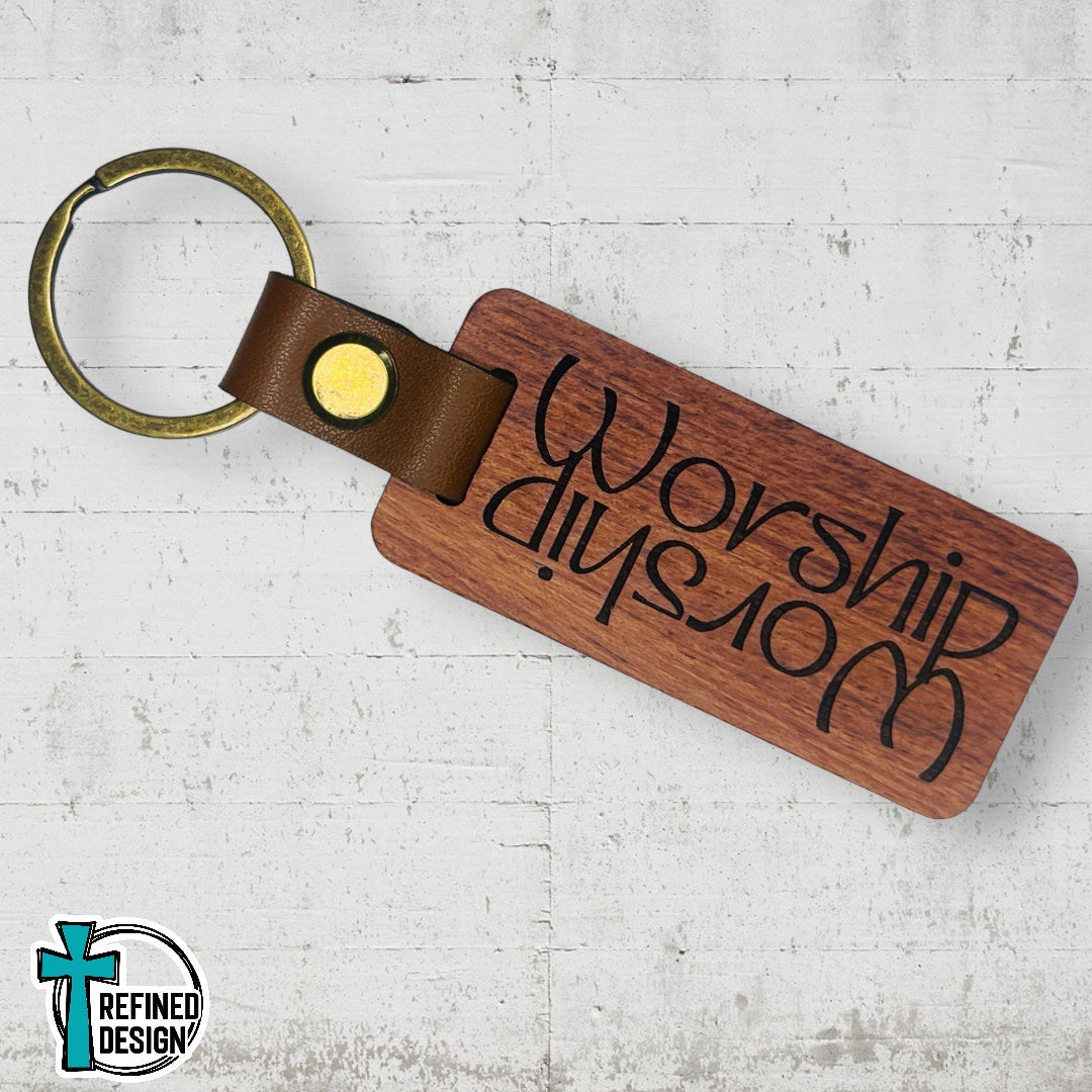 “Worship Reflection” Wood and Leather Keychain