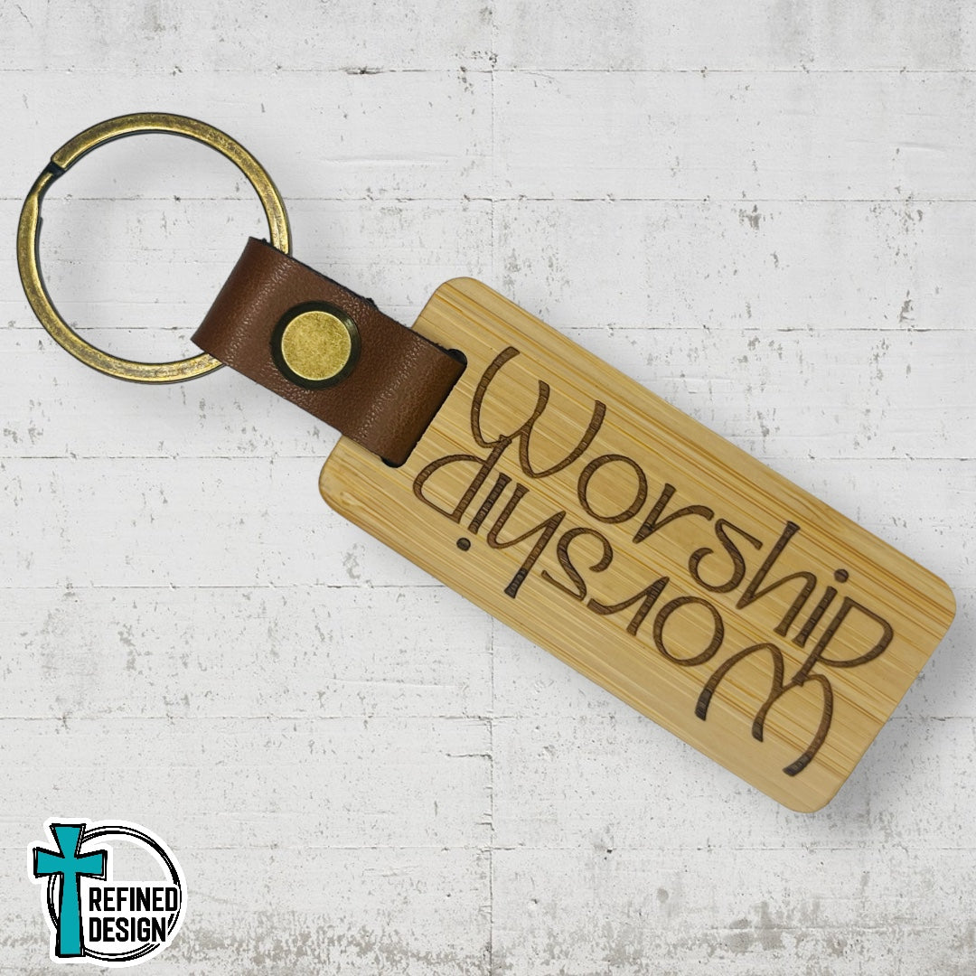 “Worship Reflection” Wood and Leather Keychain