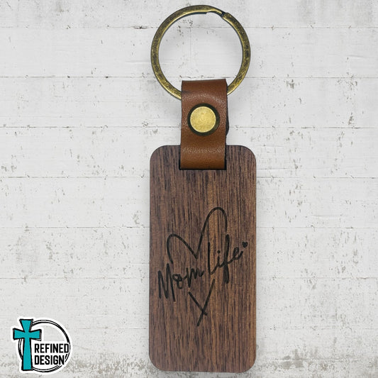 “Mom Life Heart” Wood and Leather Keychain