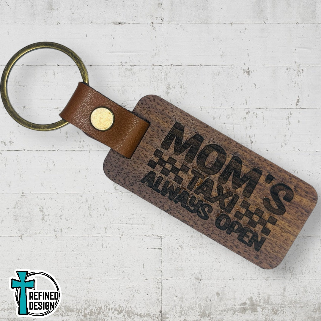 “Mom's Taxi” Wood and Leather Keychain