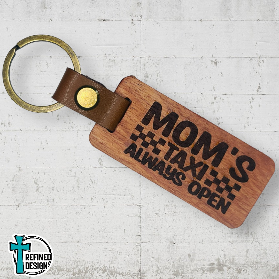 “Mom's Taxi” Wood and Leather Keychain