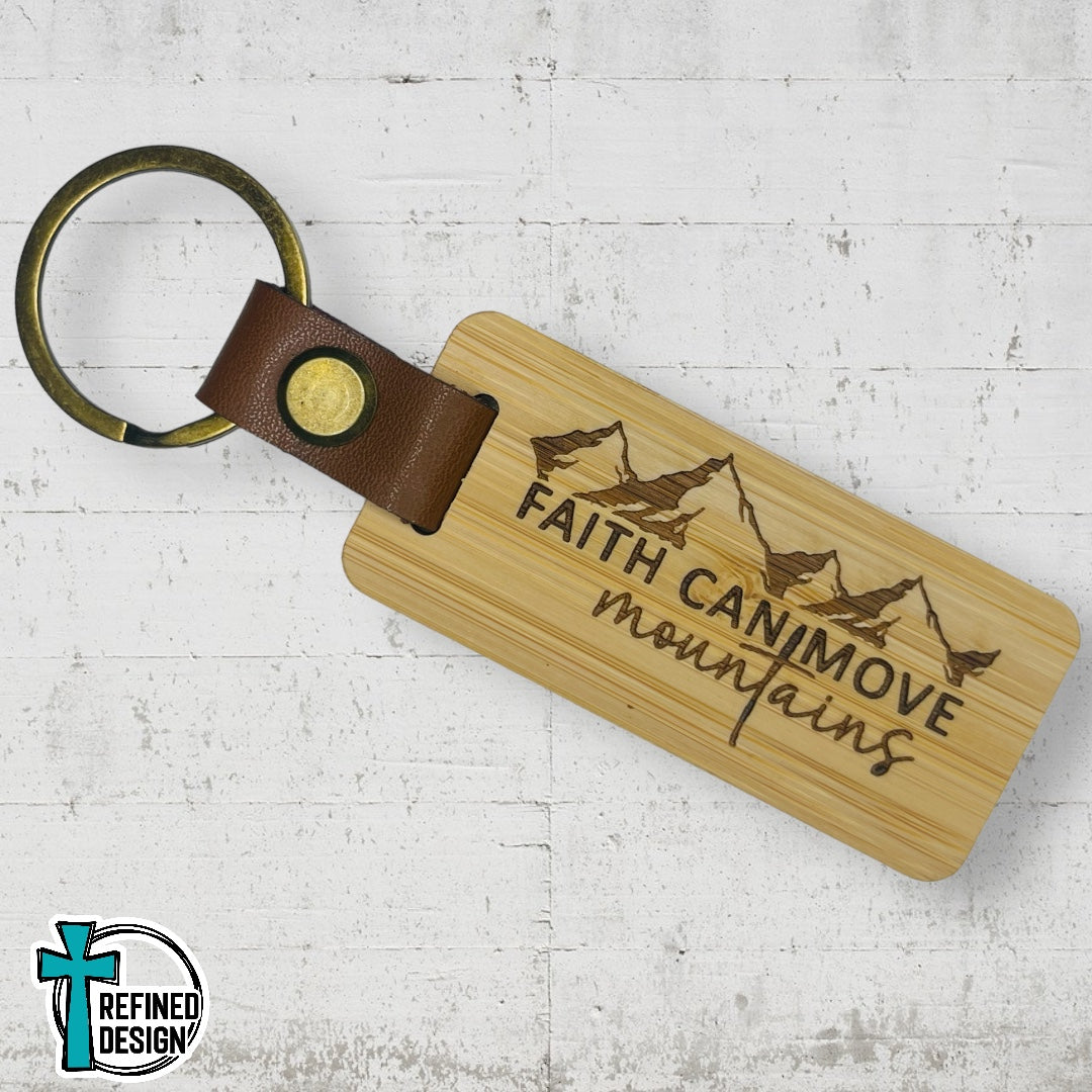 “Faith Can Move Mountains Horizontal” Wood and Leather Keychain