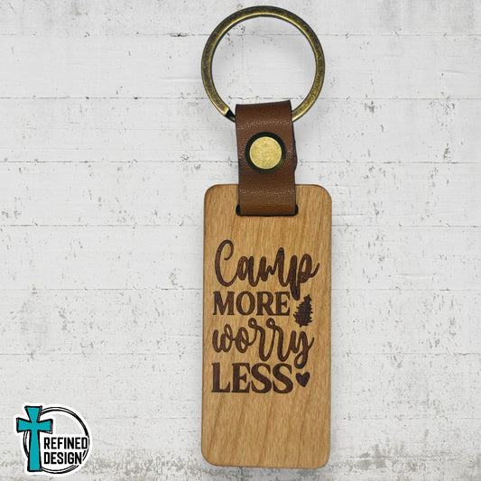 “Camp More Worry Less” Wood and Leather Keychain