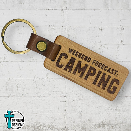 “Weekend Forecast Camping” Wood and Leather Keychain