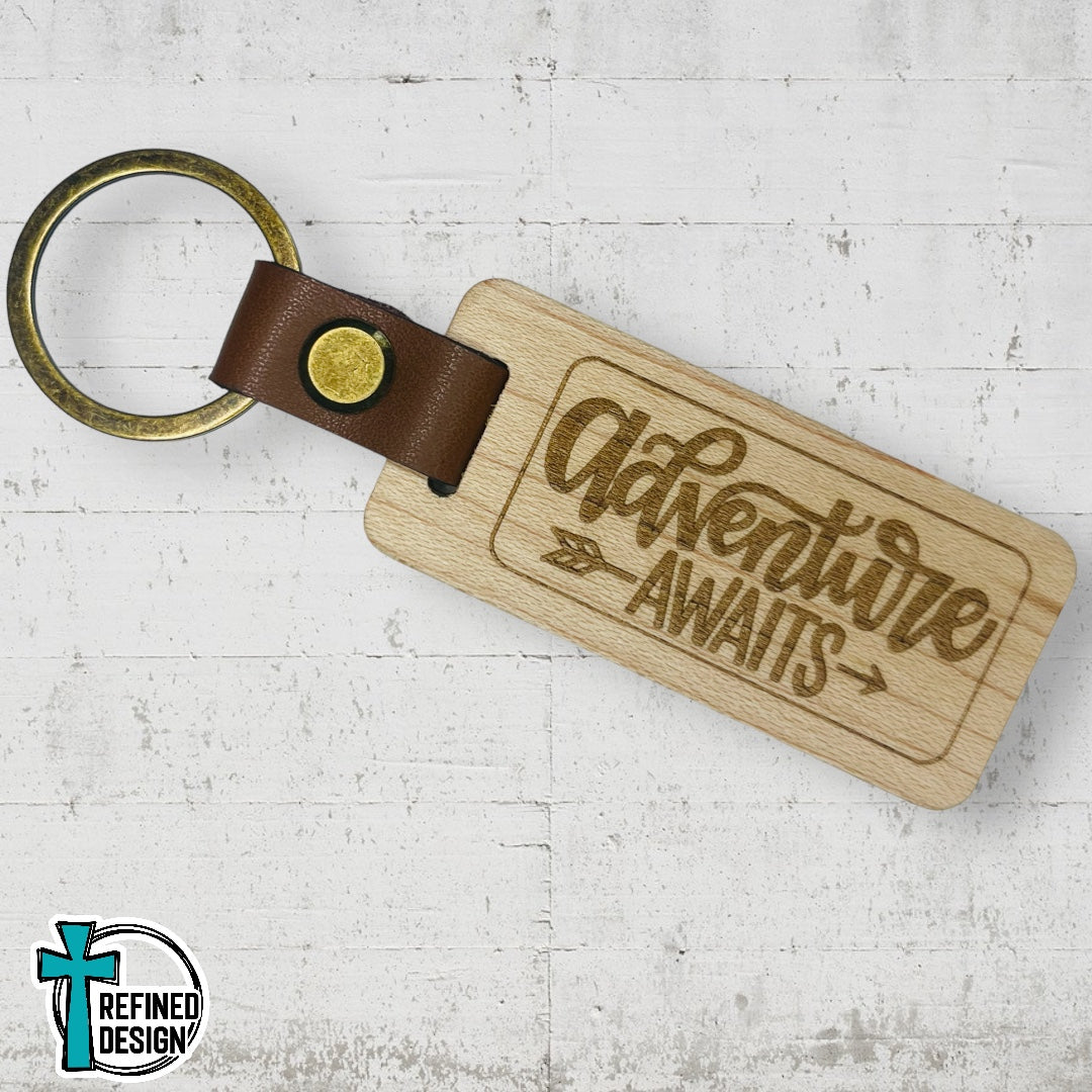 “Adventure Awaits” Wood and Leather Keychain