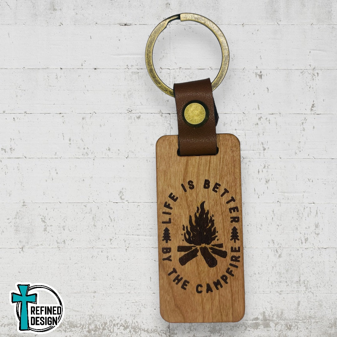 “Life is Better By the Campfire” Wood and Leather Keychain